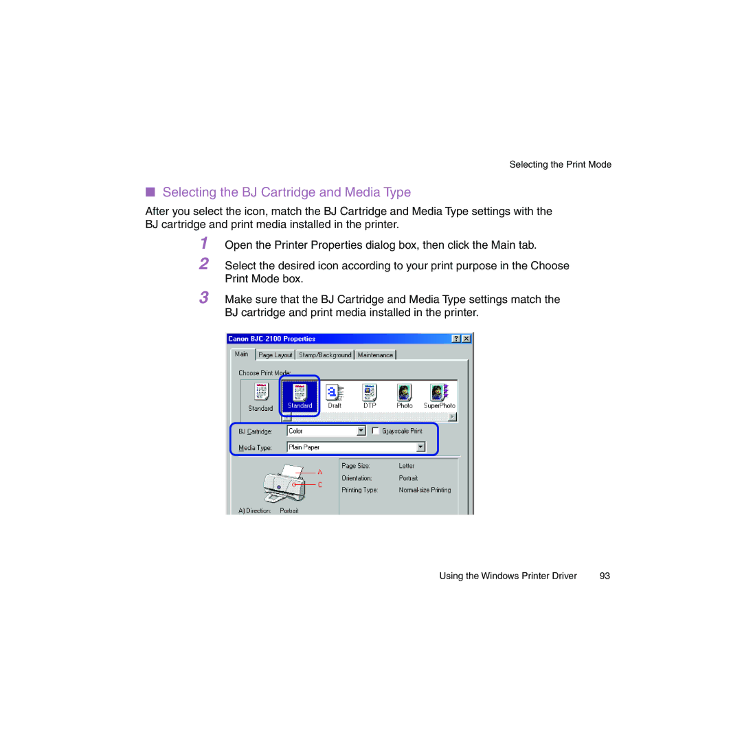 Canon BJC-2100 user manual Selecting the BJ Cartridge and Media Type 