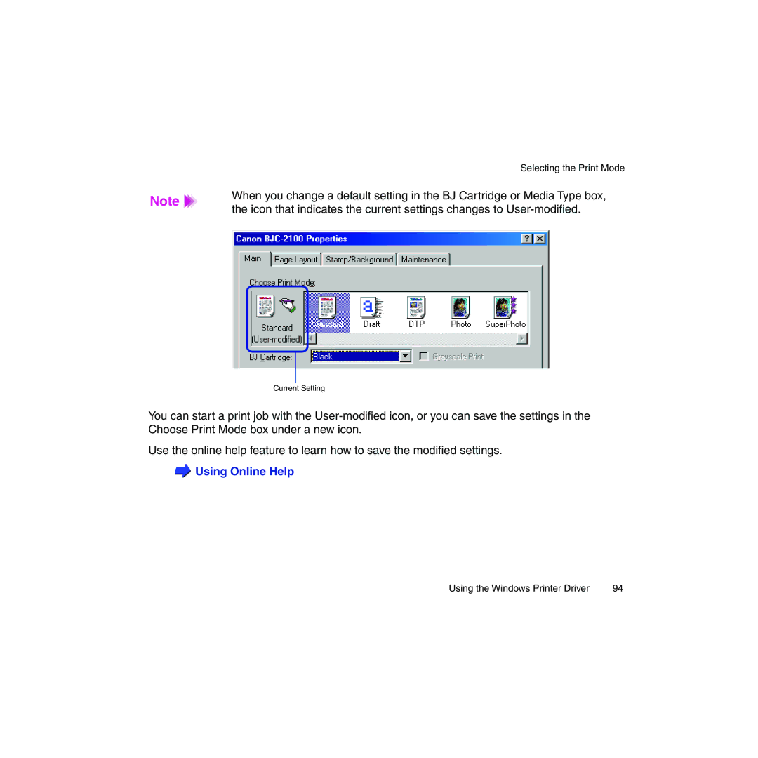 Canon BJC-2100 user manual Current Setting 