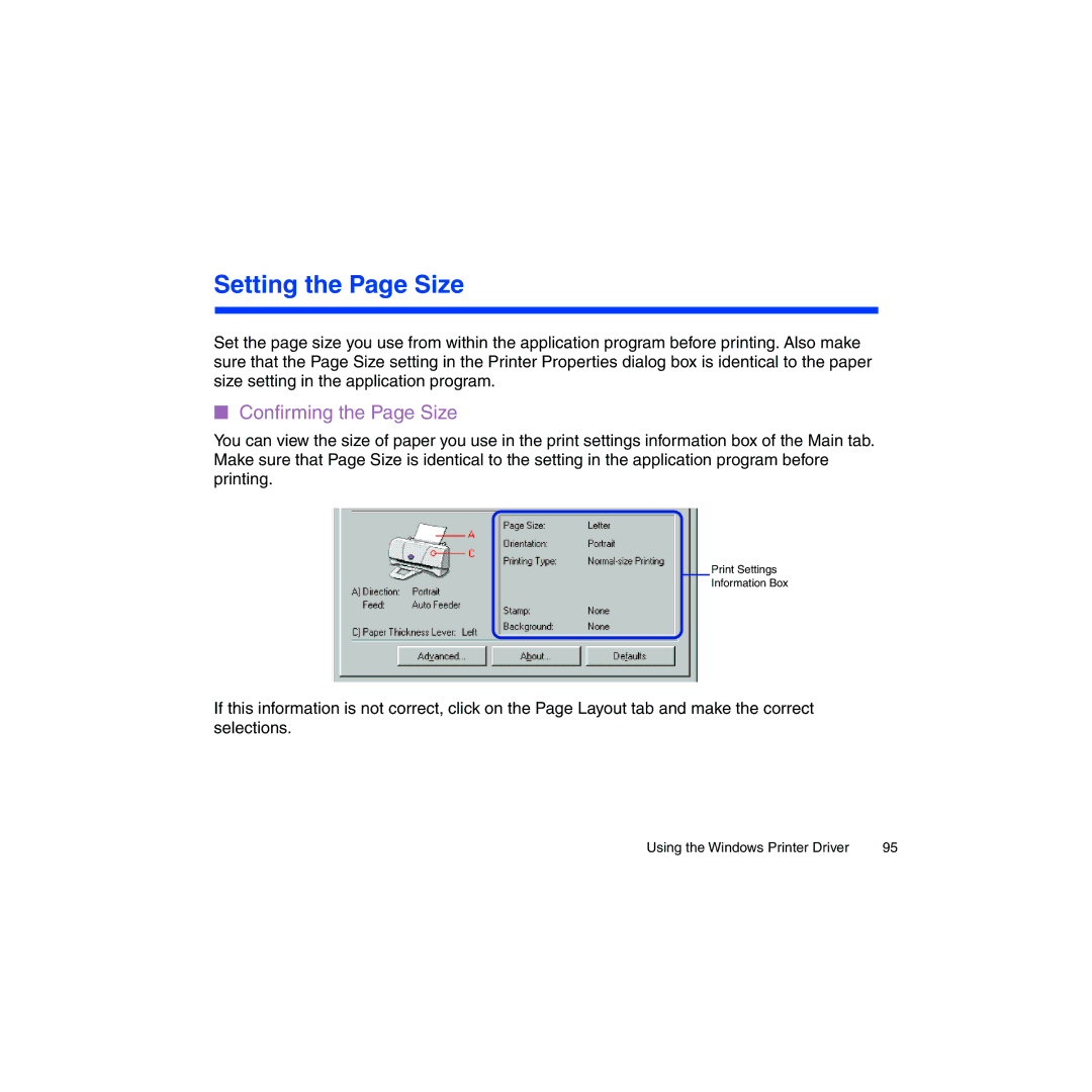 Canon BJC-2100 user manual Setting the Page Size, Conﬁrming the Page Size 