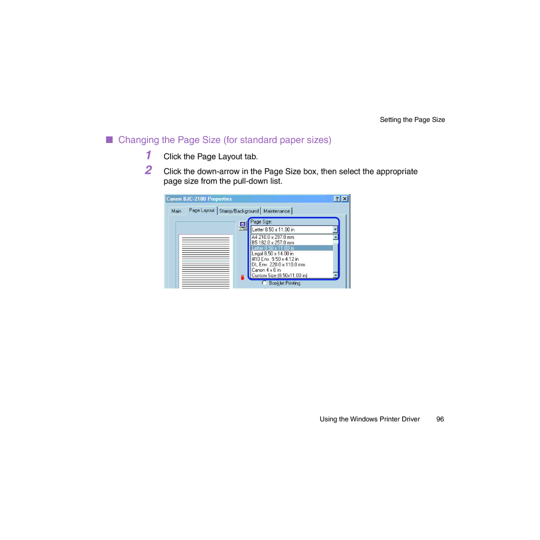 Canon BJC-2100 user manual Changing the Page Size for standard paper sizes 