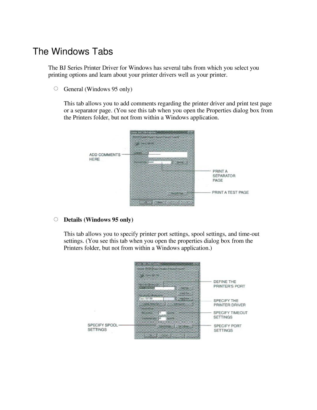 Canon BJC-250 user manual Windows Tabs, Details Windows 95 only 