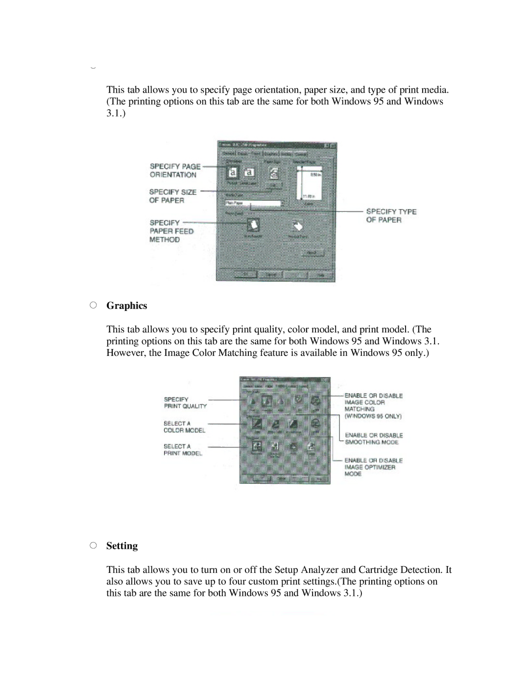 Canon BJC-250 user manual Graphics, Setting 