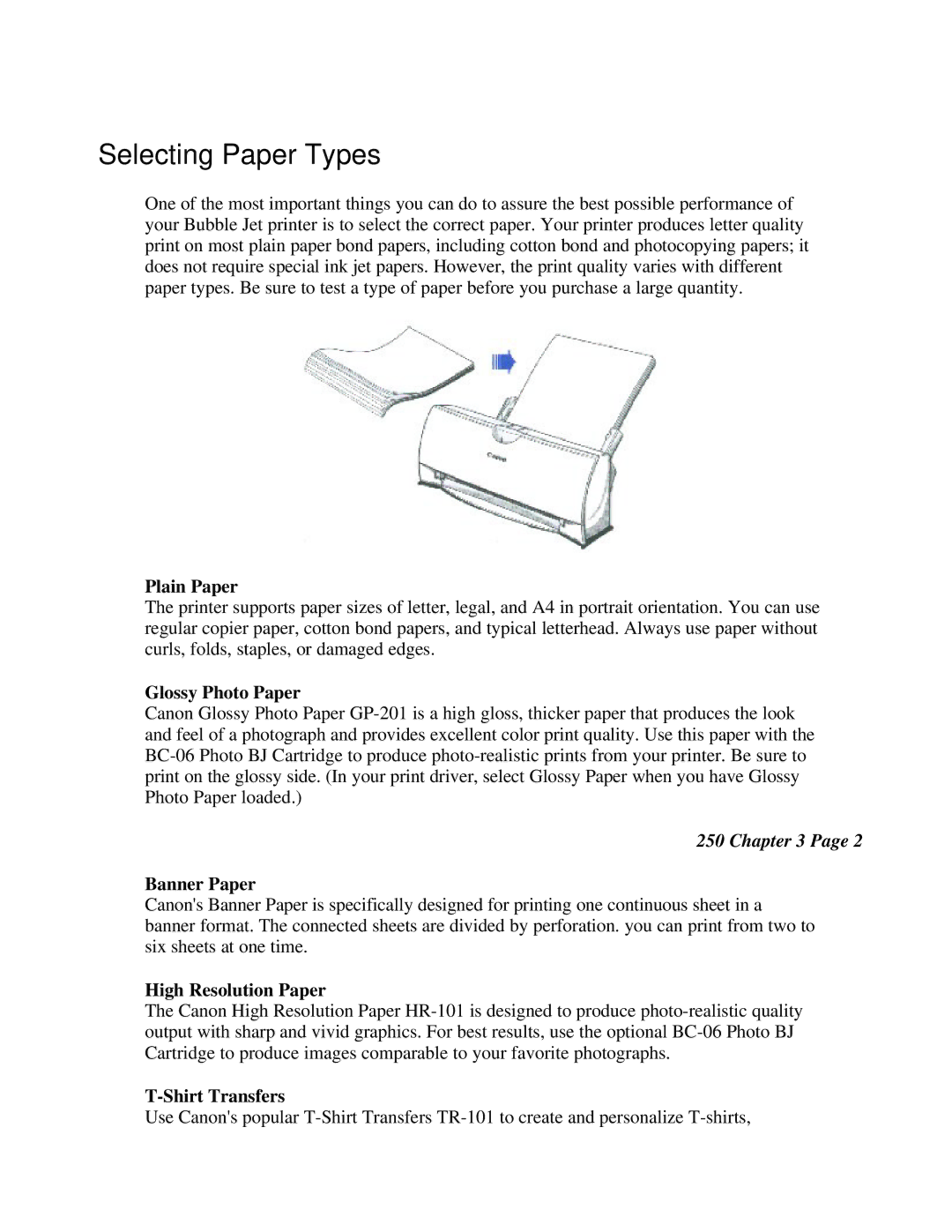 Canon BJC-250 user manual Selecting Paper Types 