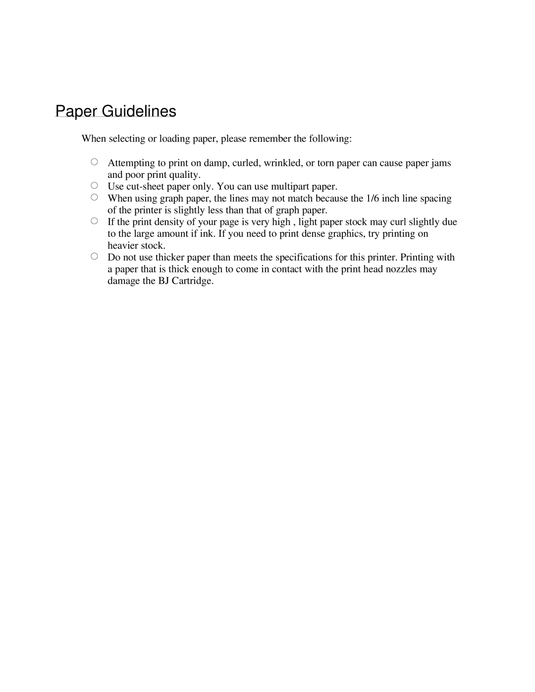 Canon BJC-250 user manual Paper Guidelines 