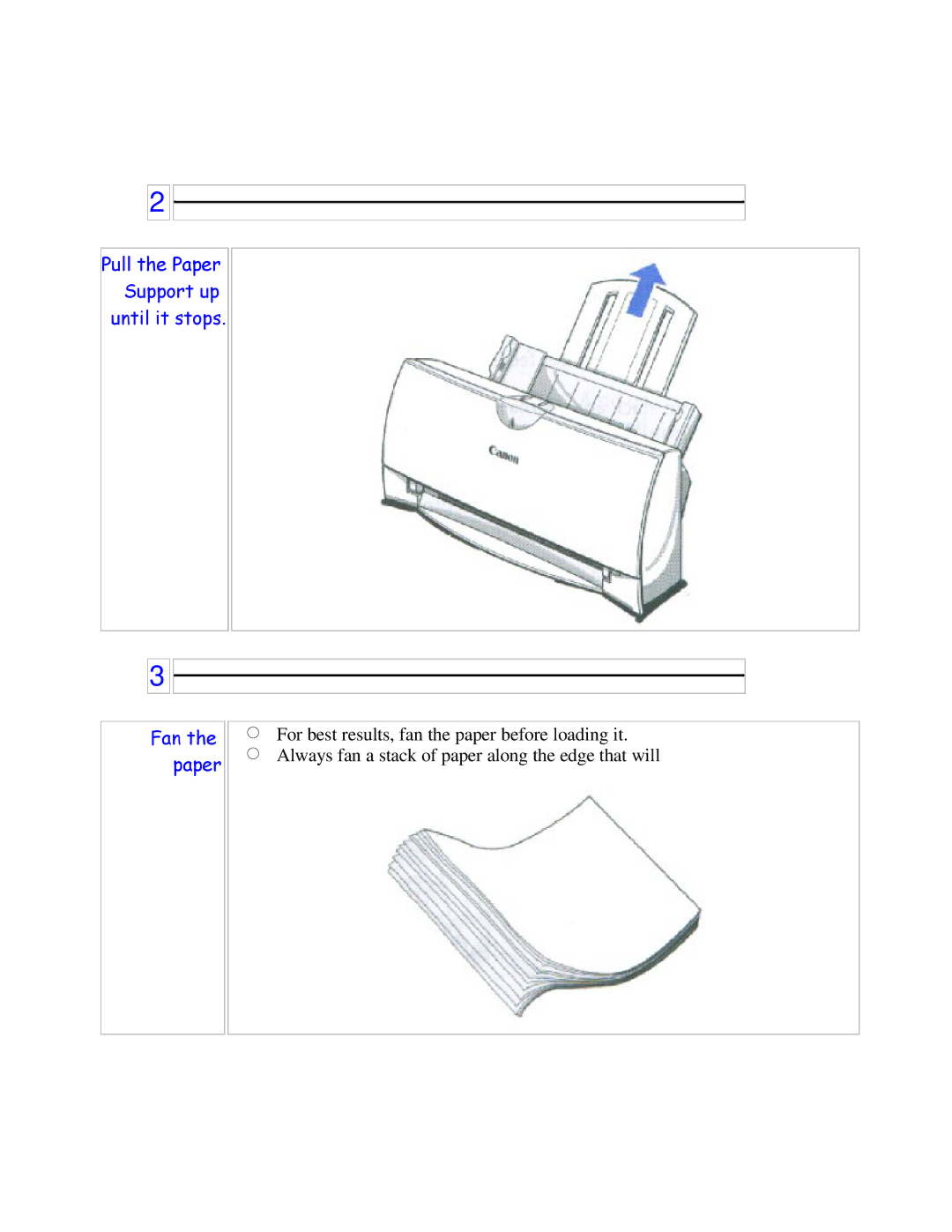 Canon BJC-250 user manual Pull the Paper Support up until it stops Fan the paper 