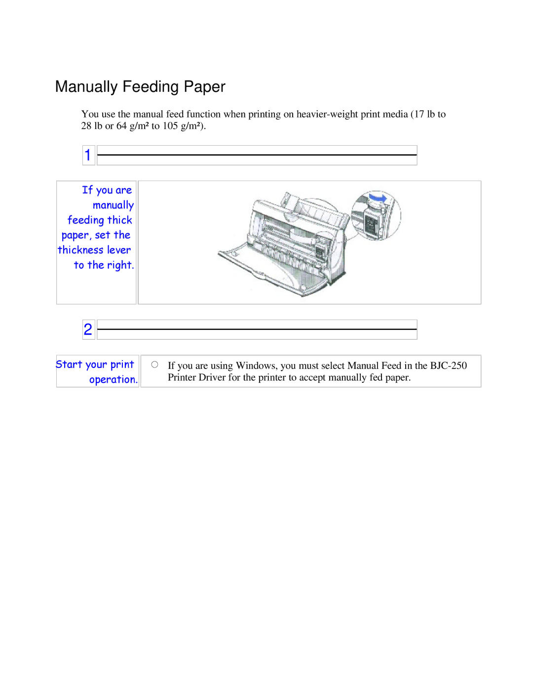 Canon BJC-250 user manual Manually Feeding Paper 