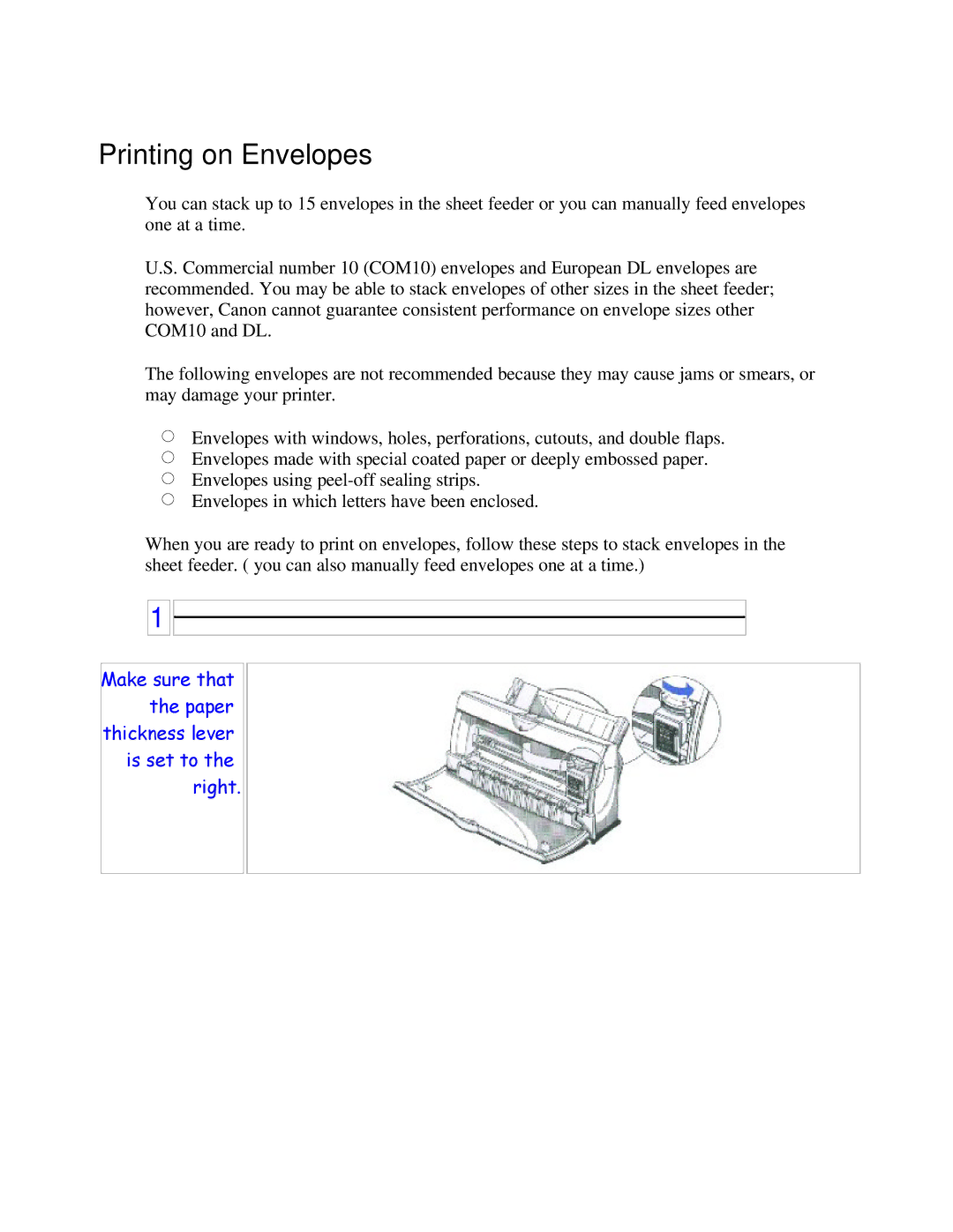 Canon BJC-250 user manual Printing on Envelopes 