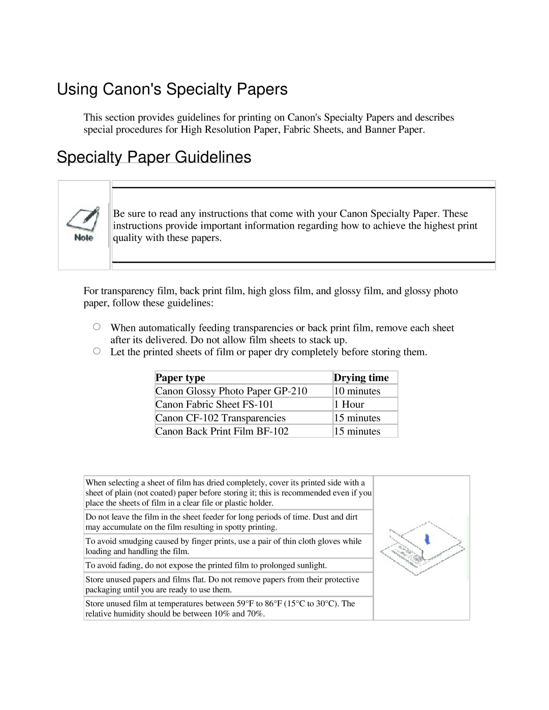 Canon BJC-250 user manual Using Canons Specialty Papers, Specialty Paper Guidelines, Paper type Drying time 