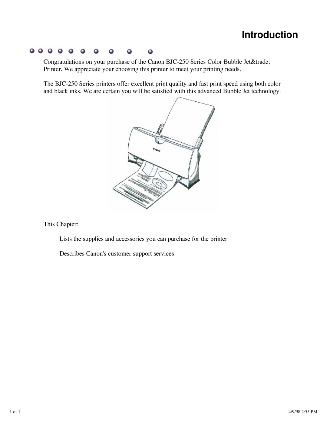 Canon BJC-250 user manual Introduction 