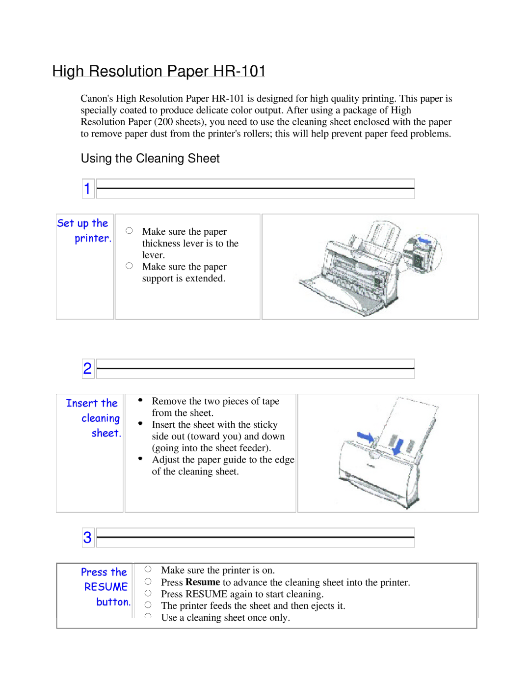 Canon BJC-250 user manual High Resolution Paper HR-101, Using the Cleaning Sheet 