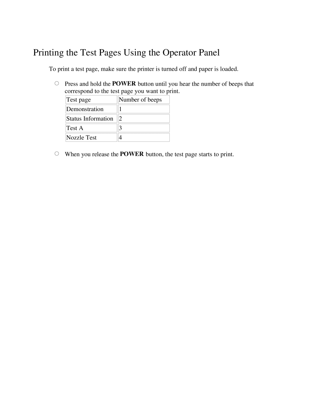 Canon BJC-250 user manual Printing the Test Pages Using the Operator Panel 