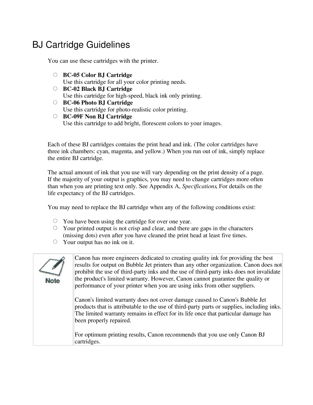 Canon BJC-250 BJ Cartridge Guidelines, BC-05 Color BJ Cartridge, BC-02 Black BJ Cartridge, BC-06 Photo BJ Cartridge 