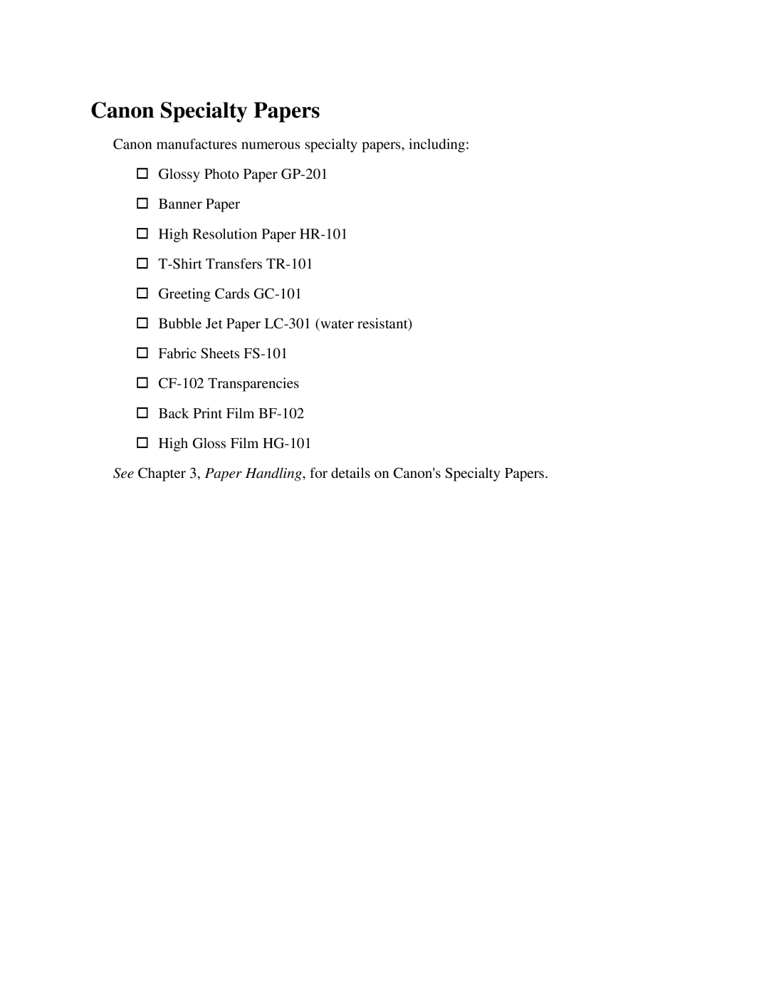 Canon BJC-250 user manual Canon Specialty Papers 