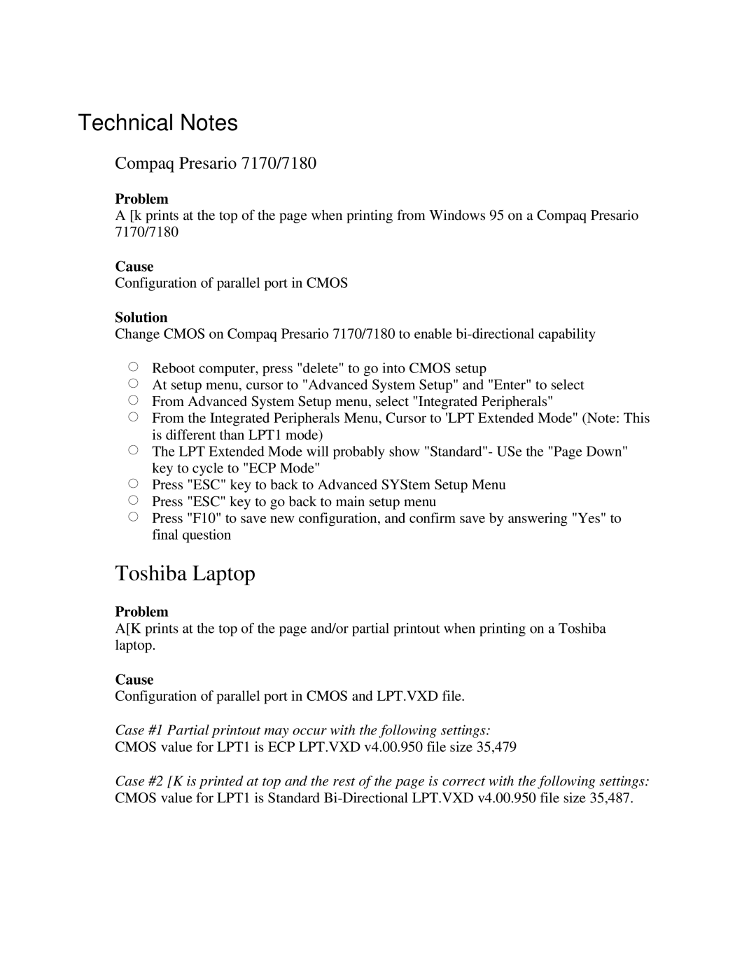 Canon BJC-250 user manual Technical Notes, Problem, Cause, Solution 