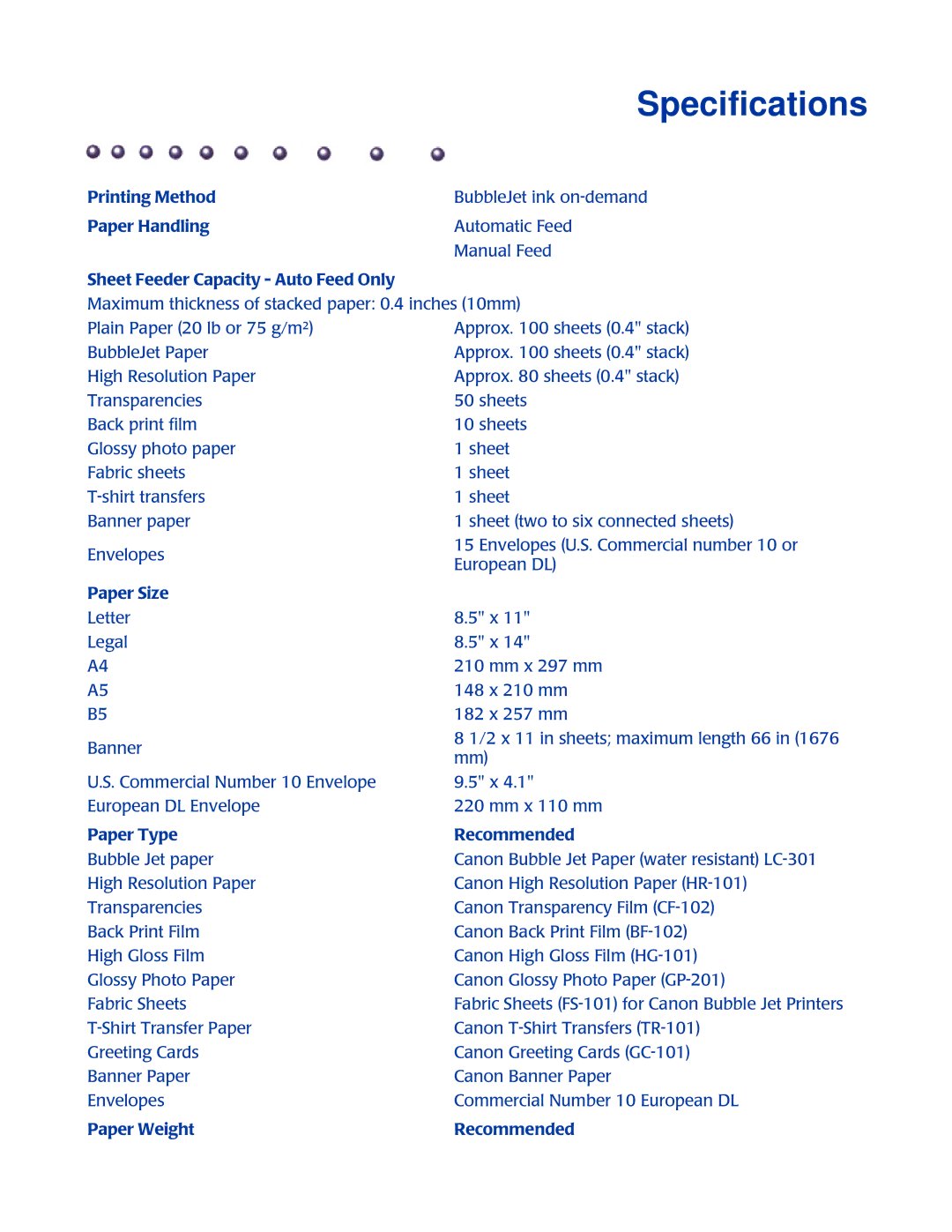 Canon BJC-250 user manual Specifications 