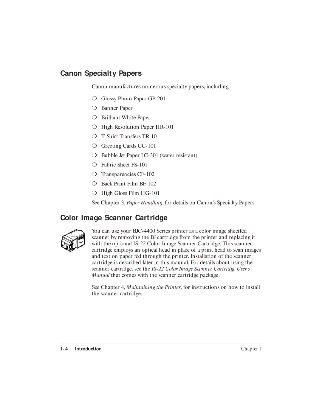 Canon BJC-4400 user manual Canon Specialty Papers, Color Image Scanner Cartridge 