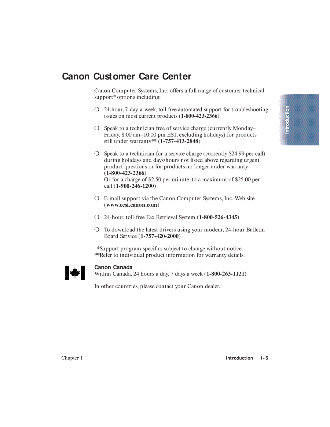 Canon BJC-4400 user manual Canon Customer Care Center, Canon Canada 