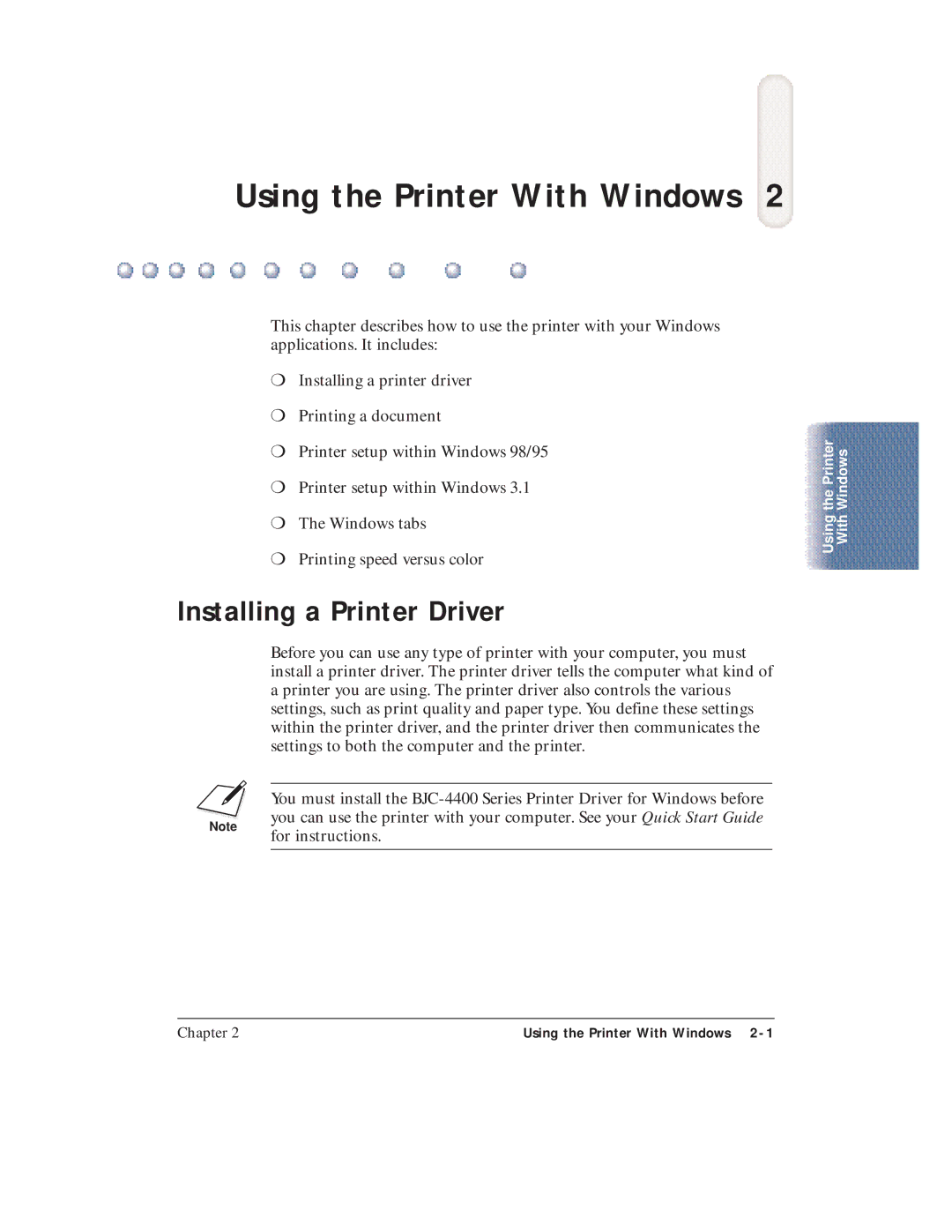 Canon BJC-4400 user manual Using the Printer With Windows, Installing a Printer Driver 