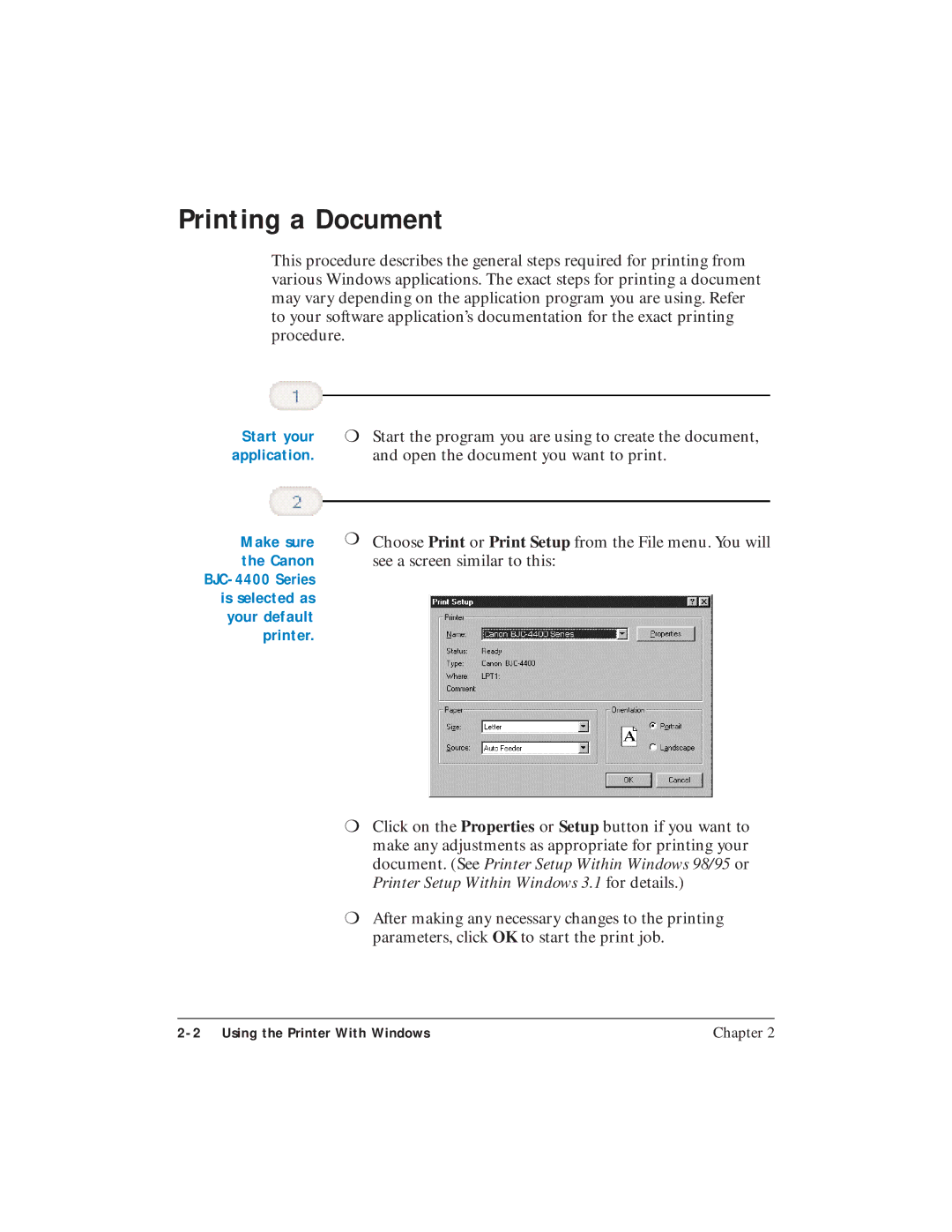 Canon BJC-4400 user manual Printing a Document 