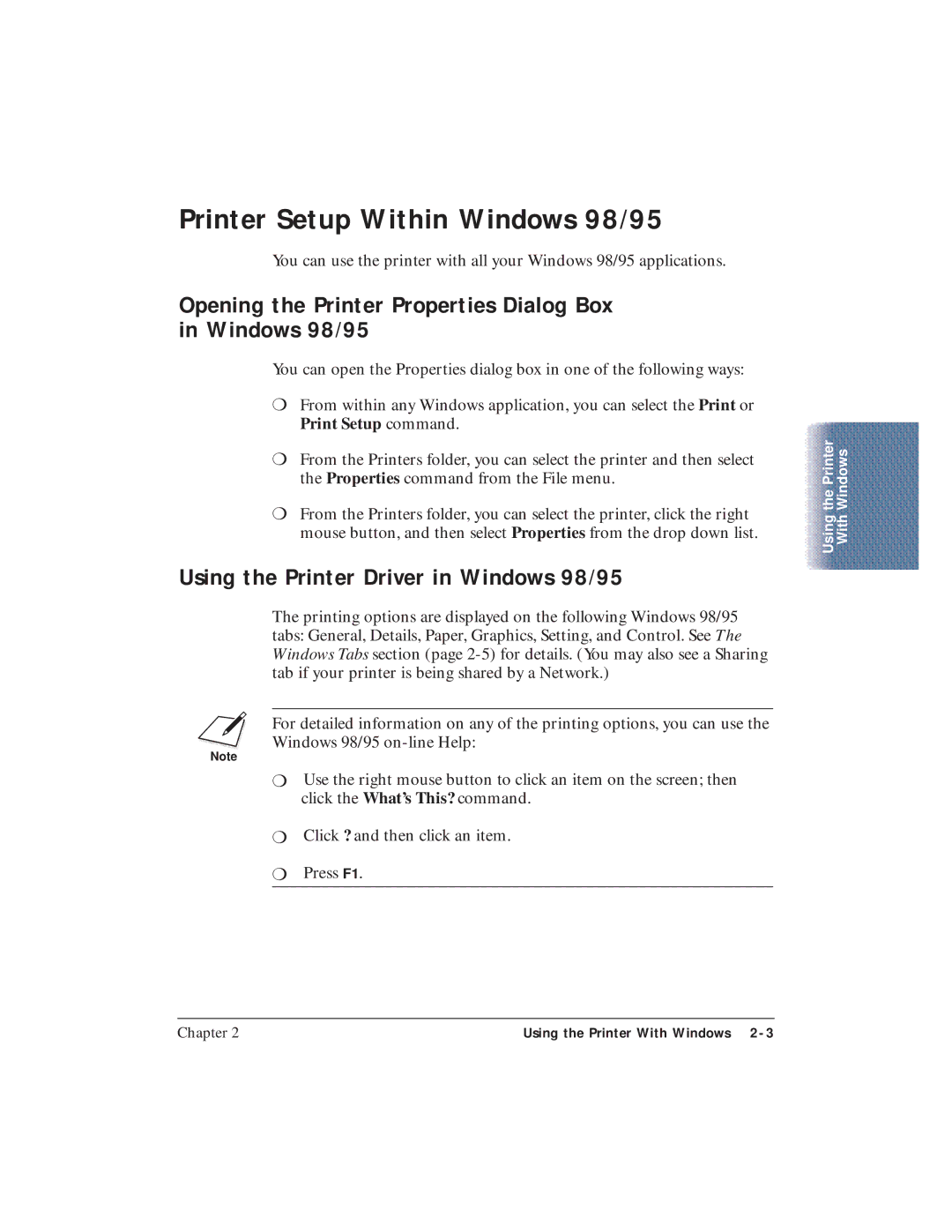 Canon BJC-4400 user manual Printer Setup Within Windows 98/95, Opening the Printer Properties Dialog Box in Windows 98/95 