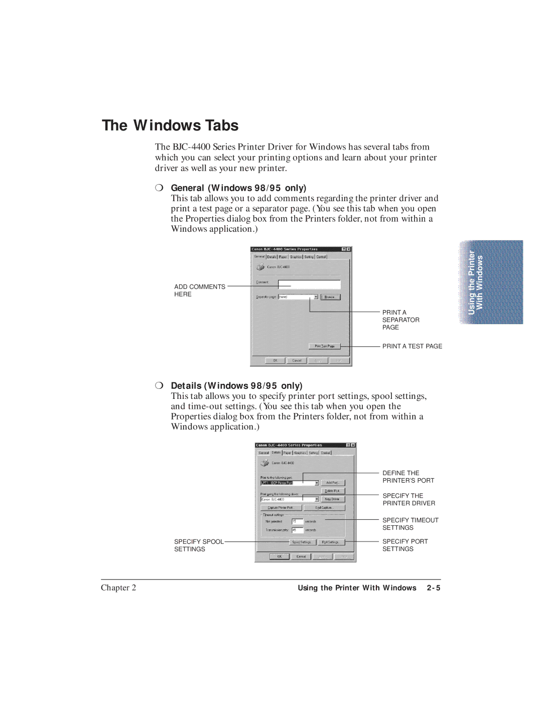 Canon BJC-4400 user manual Windows Tabs, General Windows 98/95 only, Details Windows 98/95 only 