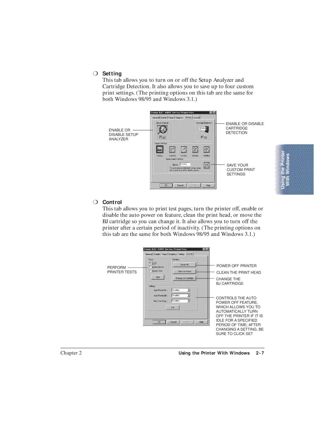 Canon BJC-4400 user manual Setting, Control 