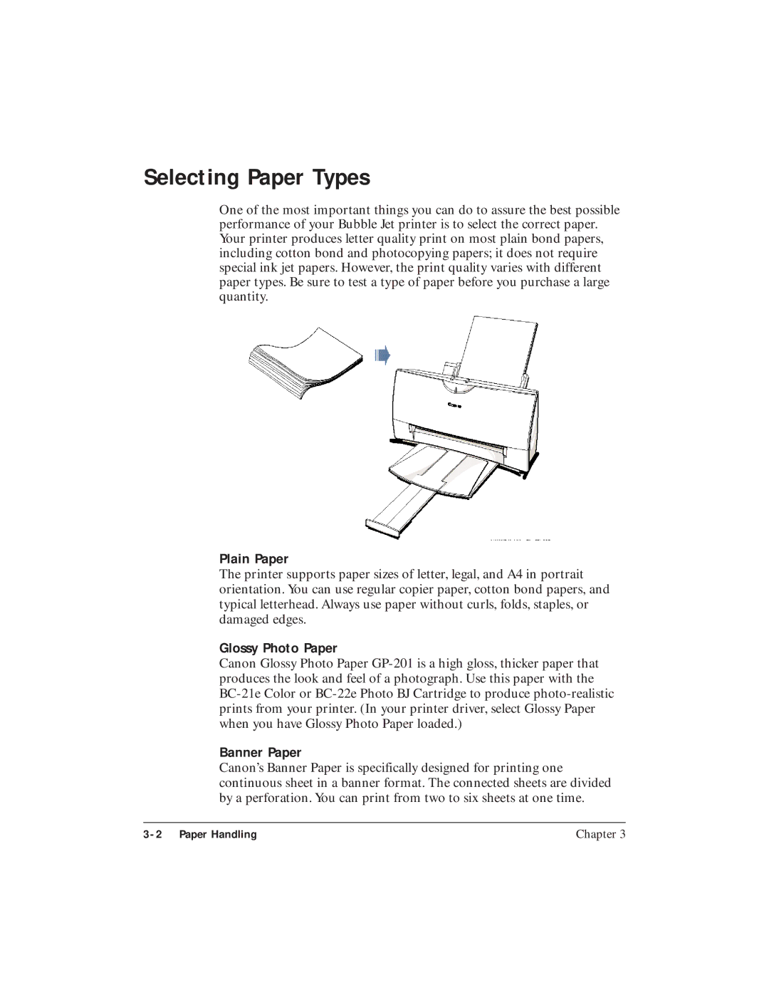 Canon BJC-4400 user manual Selecting Paper Types, Plain Paper, Glossy Photo Paper, Banner Paper 