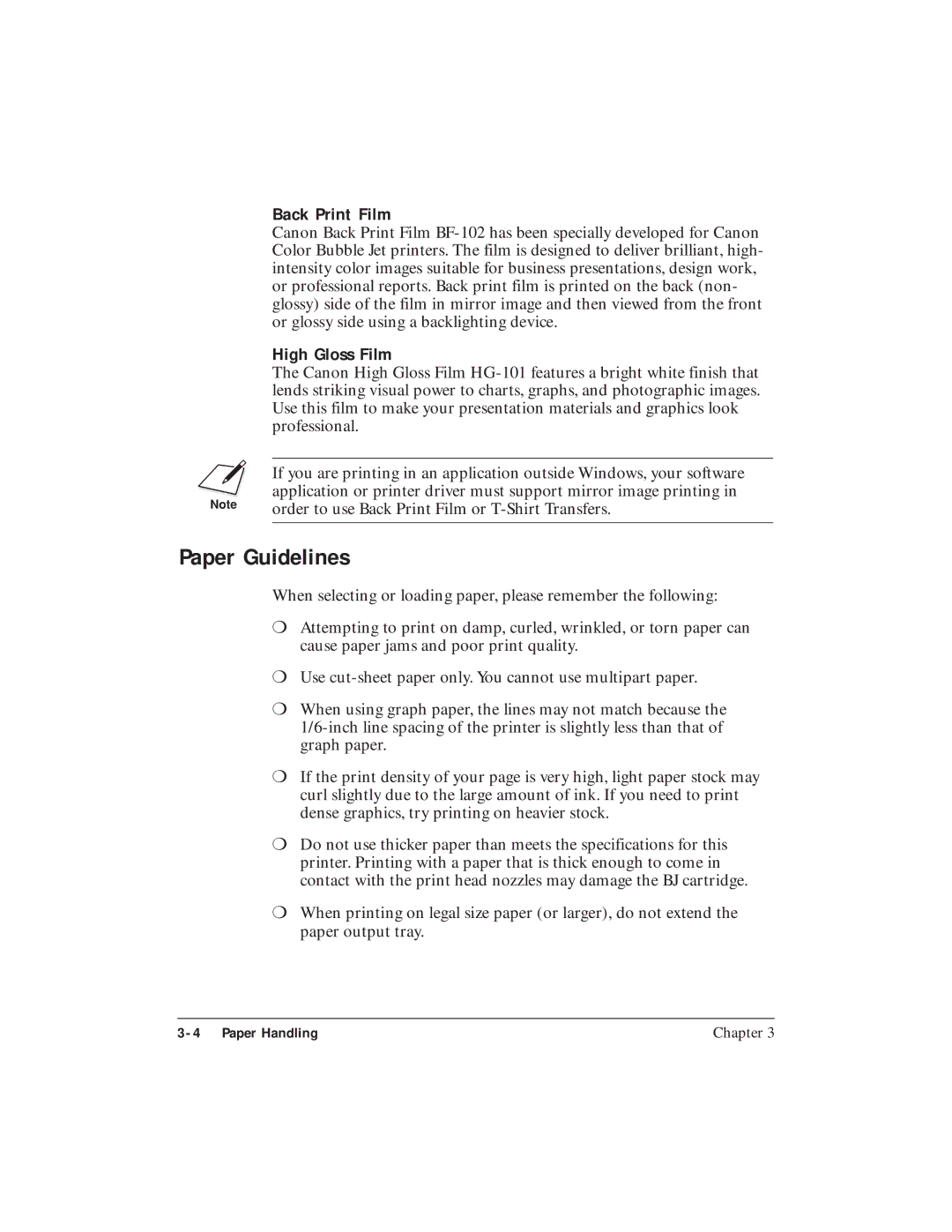 Canon BJC-4400 user manual Paper Guidelines, Back Print Film, High Gloss Film 