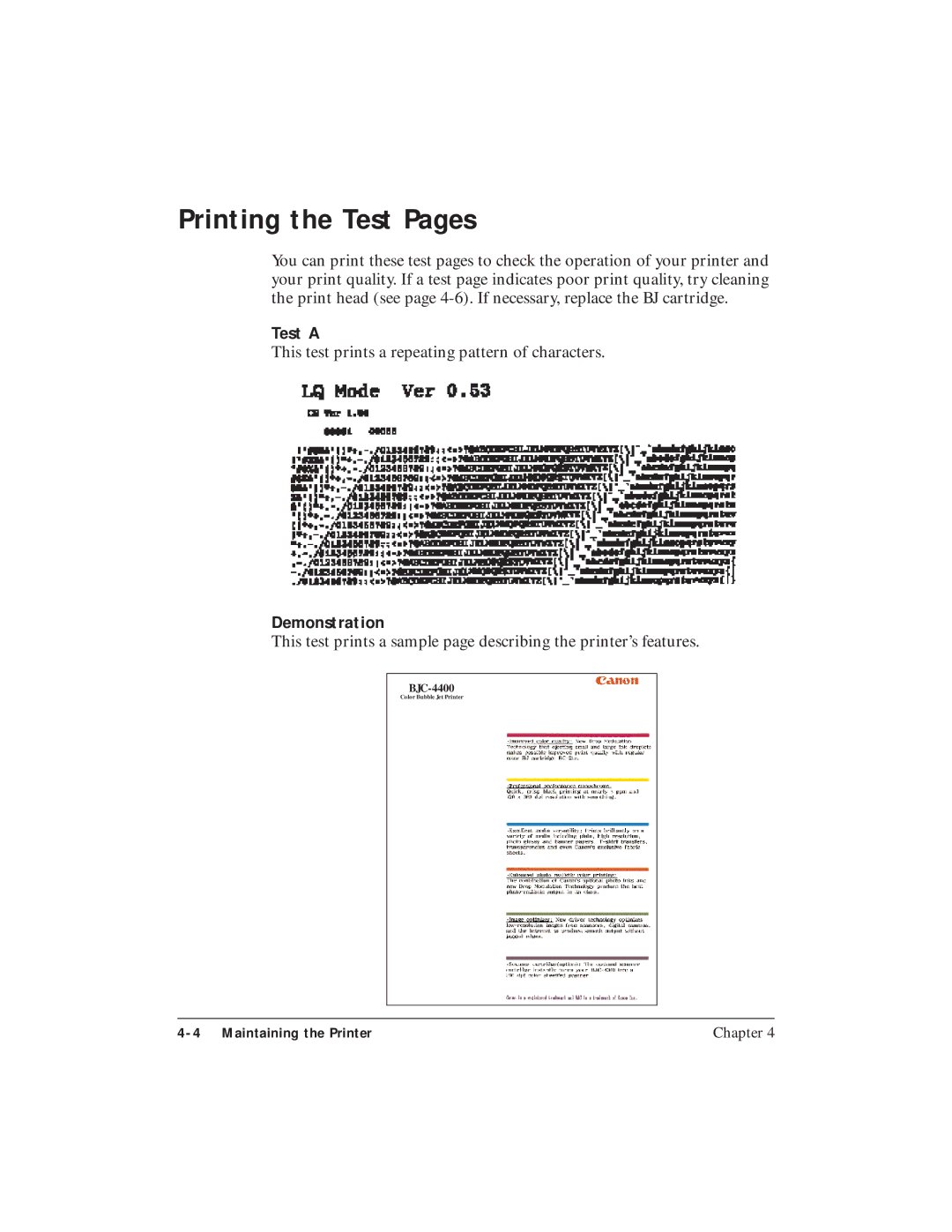 Canon BJC-4400 user manual Printing the Test Pages, Test a, Demonstration 