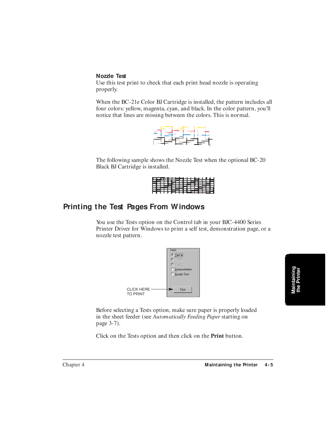 Canon BJC-4400 user manual Printing the Test Pages From Windows, Nozzle Test 