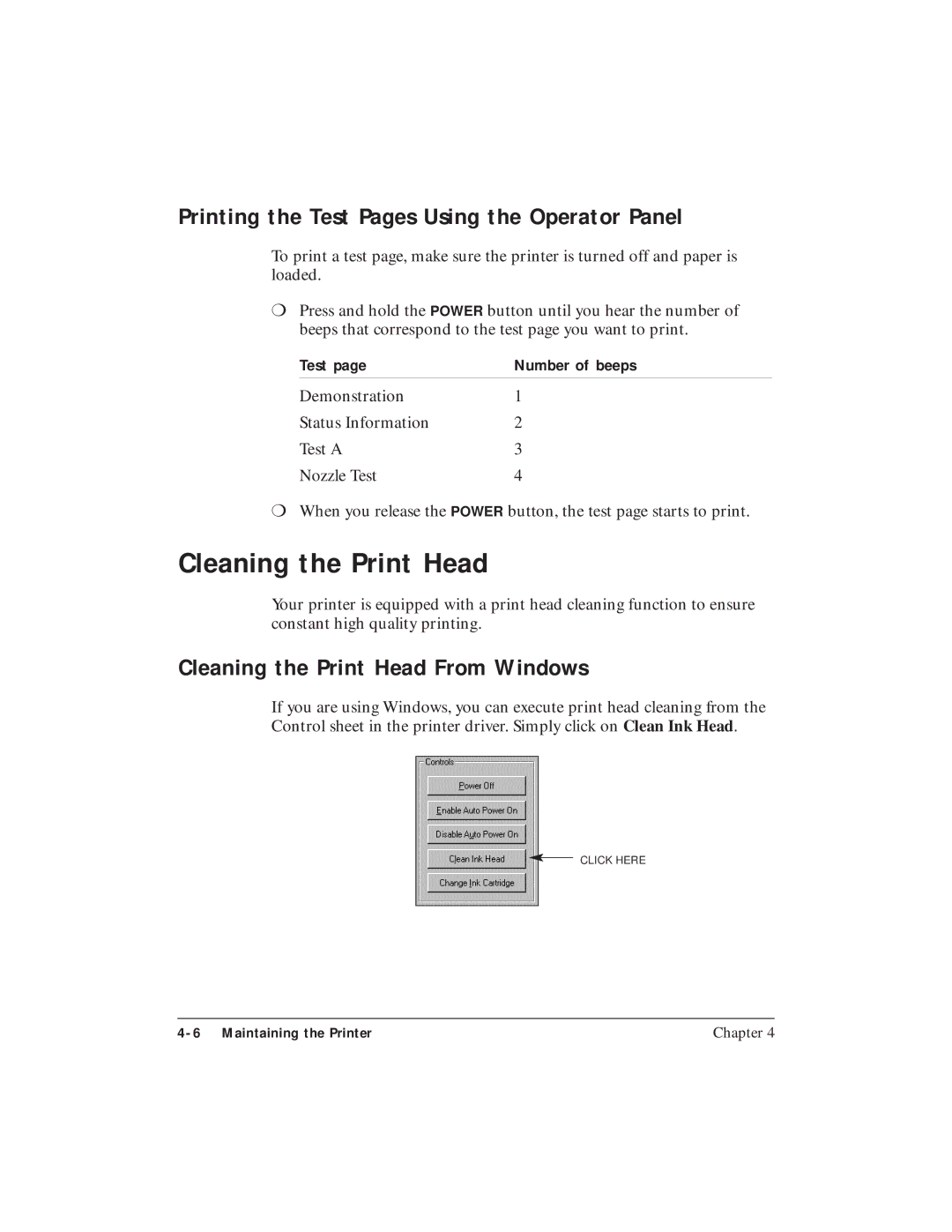 Canon BJC-4400 user manual Cleaning the Print Head, Printing the Test Pages Using the Operator Panel 