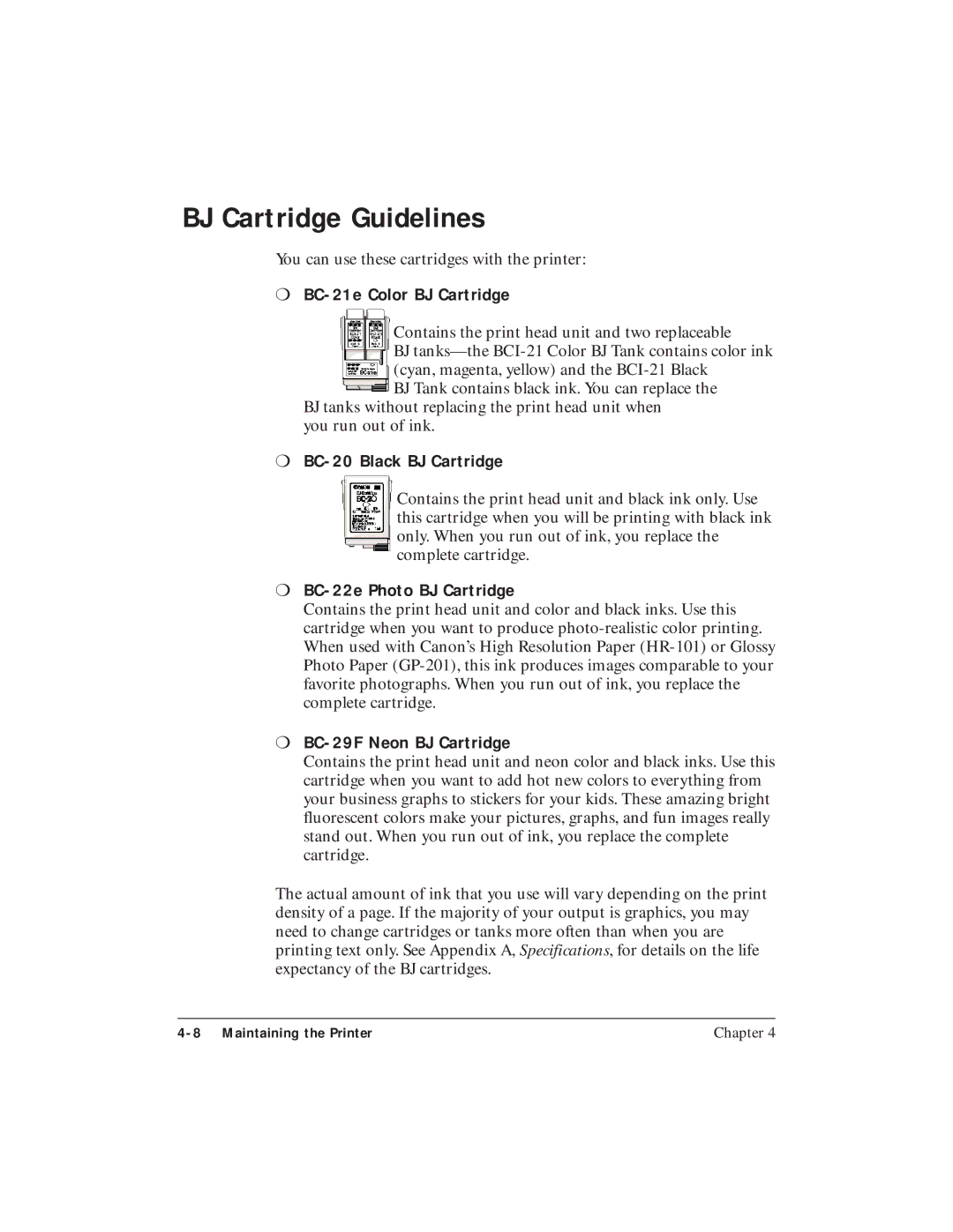 Canon BJC-4400 BJ Cartridge Guidelines, BC-21e Color BJ Cartridge, BC-20 Black BJ Cartridge, BC-22e Photo BJ Cartridge 