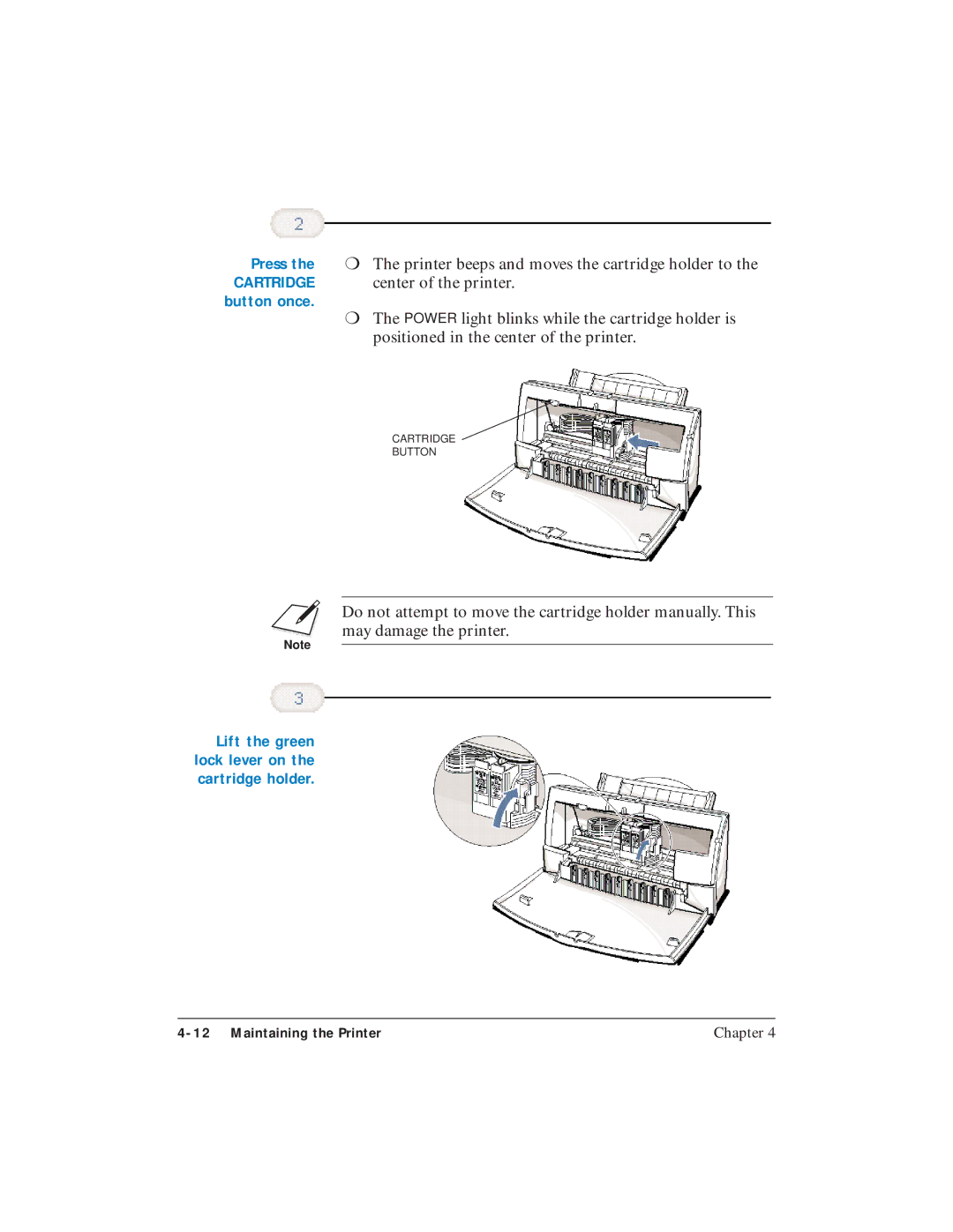 Canon BJC-4400 user manual Printer beeps and moves the cartridge holder to 