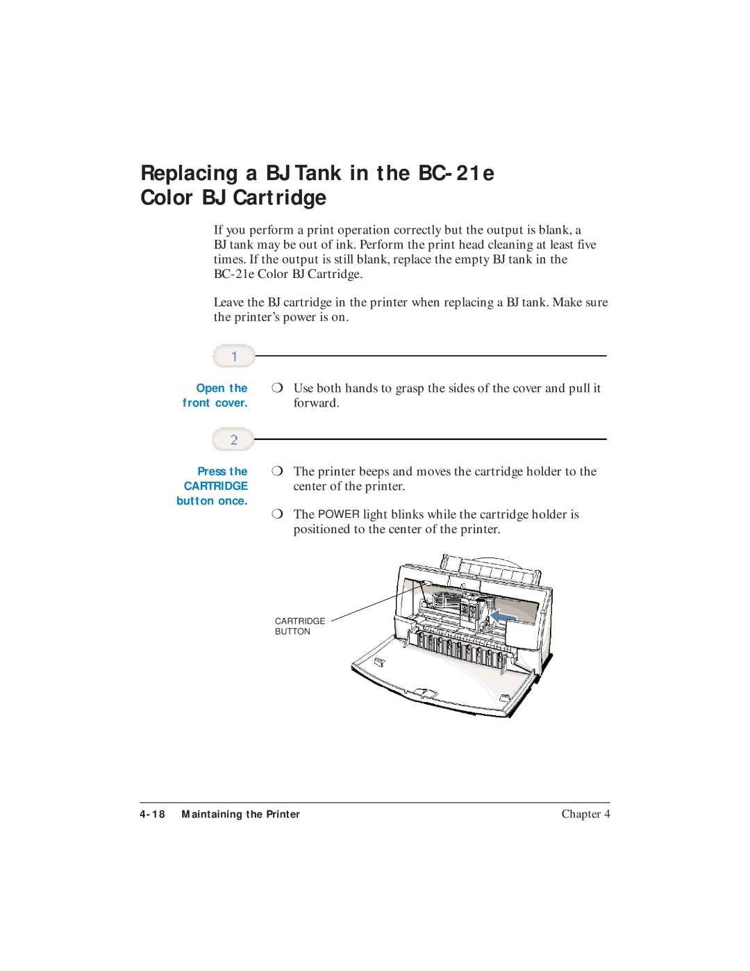 Canon BJC-4400 user manual Replacing a BJ Tank in the BC-21e Color BJ Cartridge, Open 