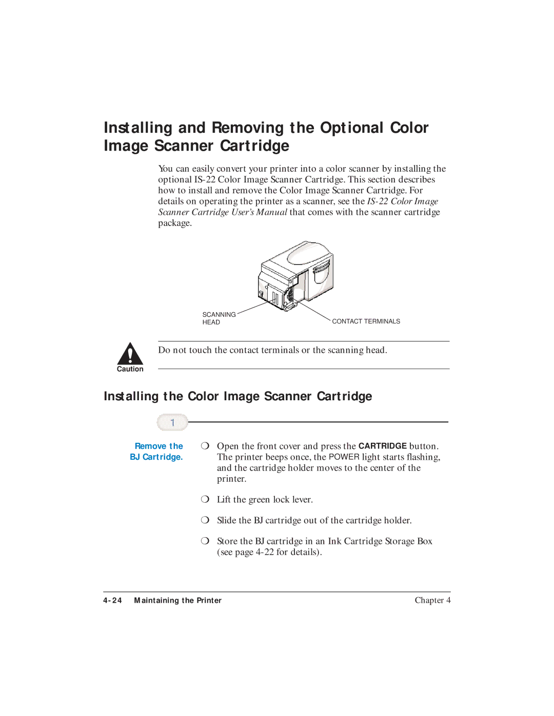 Canon BJC-4400 user manual Installing the Color Image Scanner Cartridge 