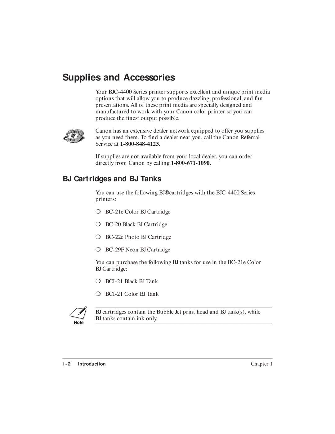 Canon BJC-4400 user manual Supplies and Accessories, BJ Cartridges and BJ Tanks 