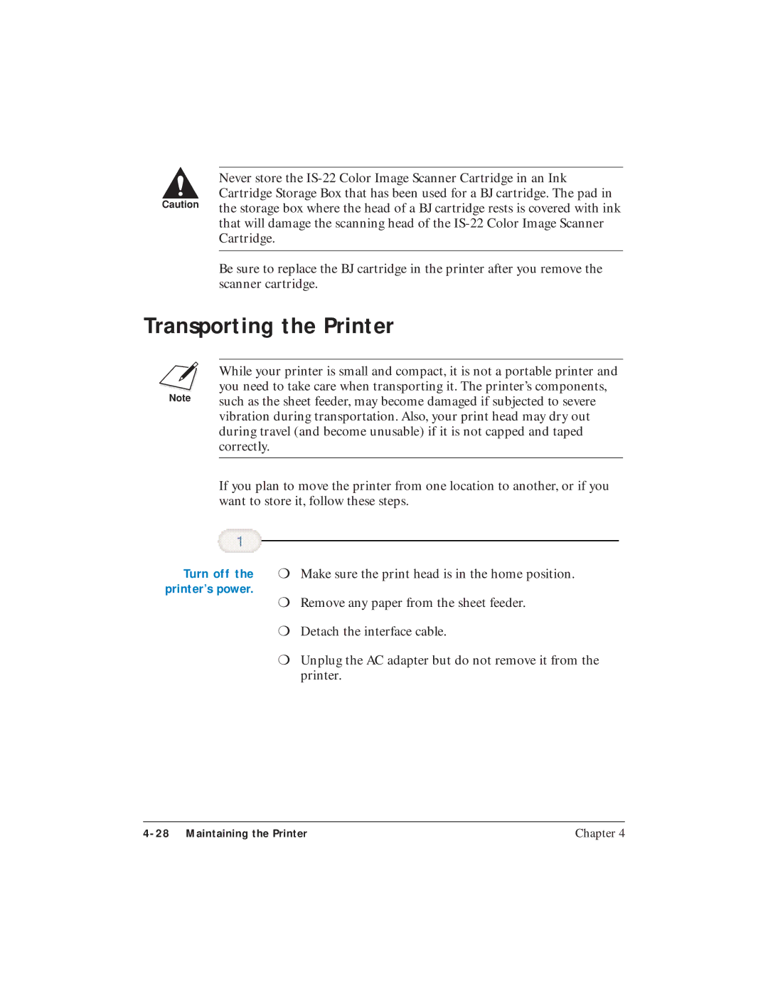 Canon BJC-4400 user manual Transporting the Printer, Turn off 