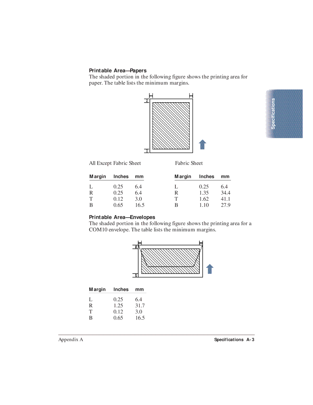 Canon BJC-4400 user manual Printable Area-Papers, Printable Area-Envelopes 