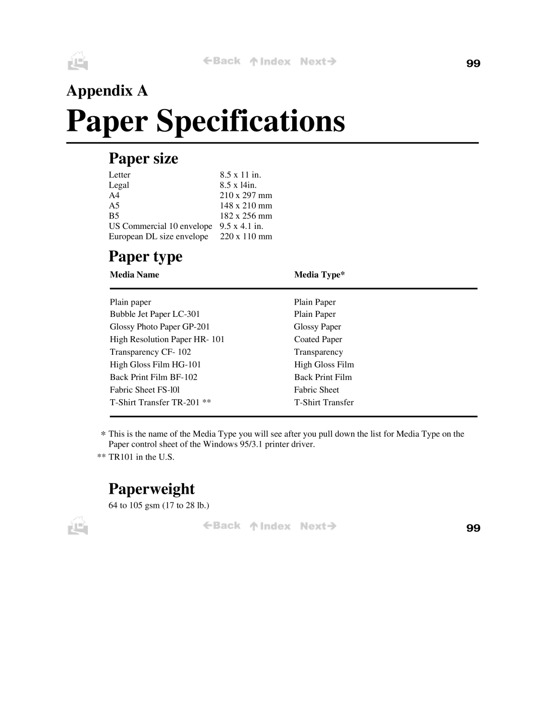 Canon BJC-50 user manual Appendix a, Paper size, Paper type, Paperweight 