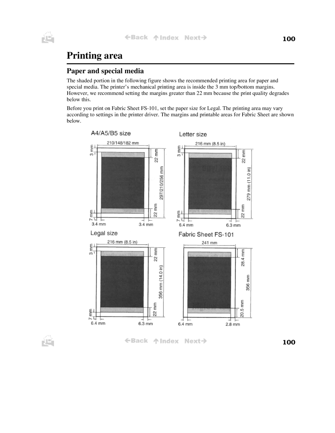 Canon BJC-50 user manual Printing area, Paper and special media, 100 