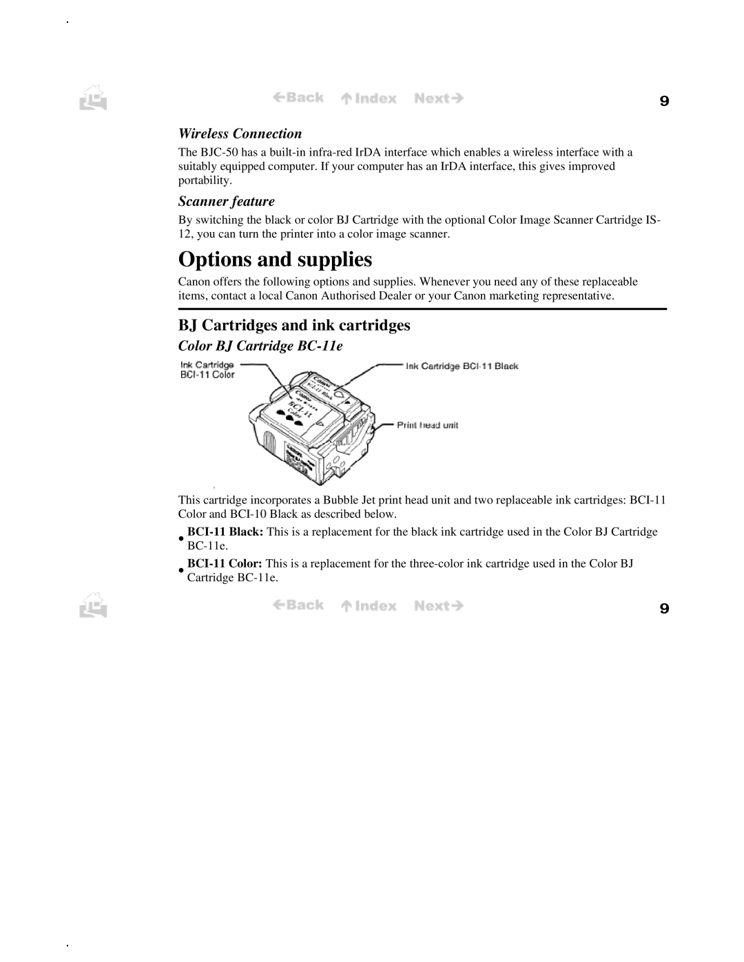 Canon BJC-50 user manual Options and supplies, BJ Cartridges and ink cartridges, Wireless Connection, Scanner feature 