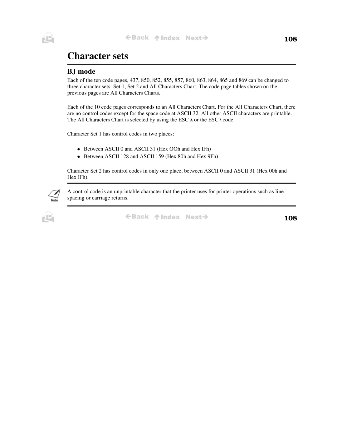 Canon BJC-50 user manual Character sets, BJ mode, 108 