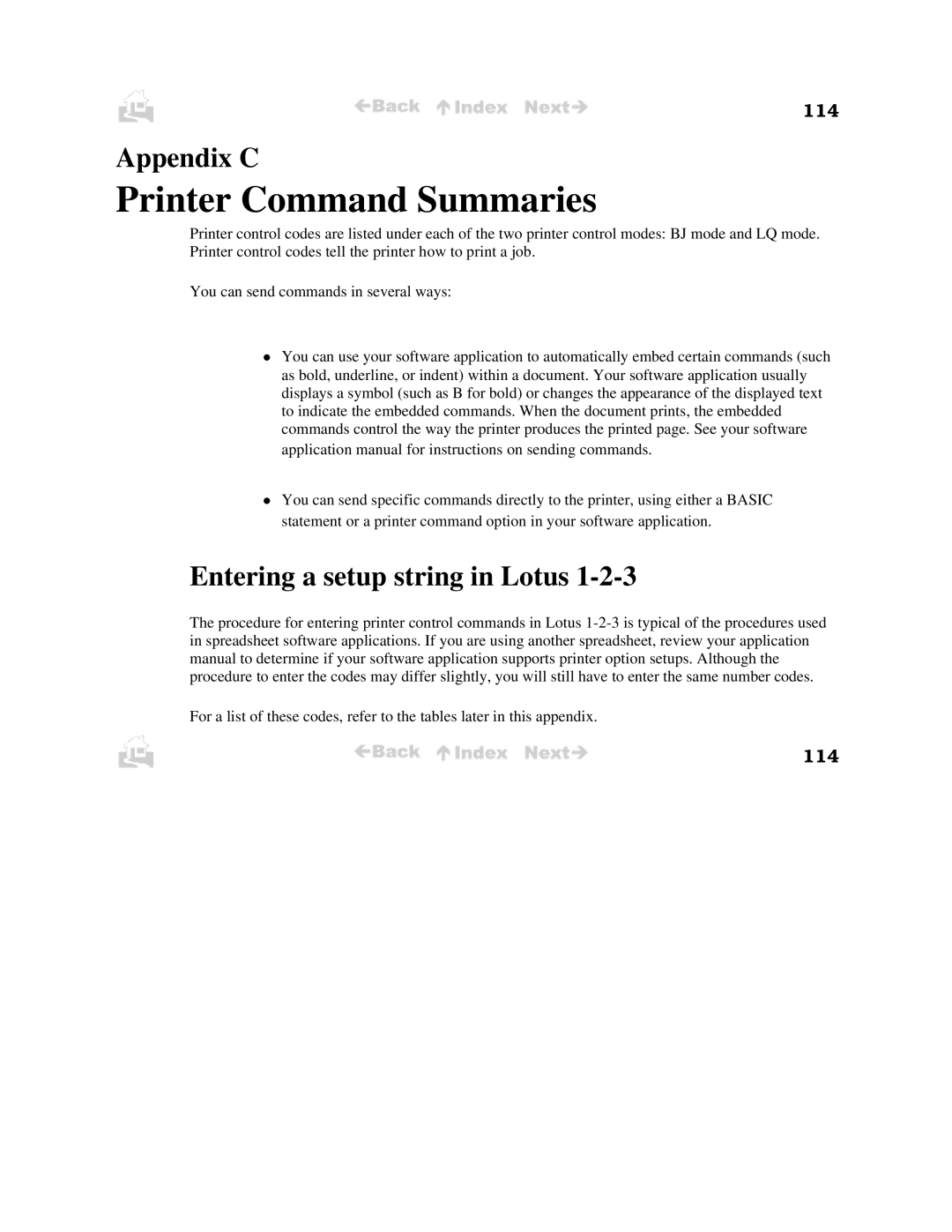 Canon BJC-50 user manual Appendix C, Entering a setup string in Lotus, 114 