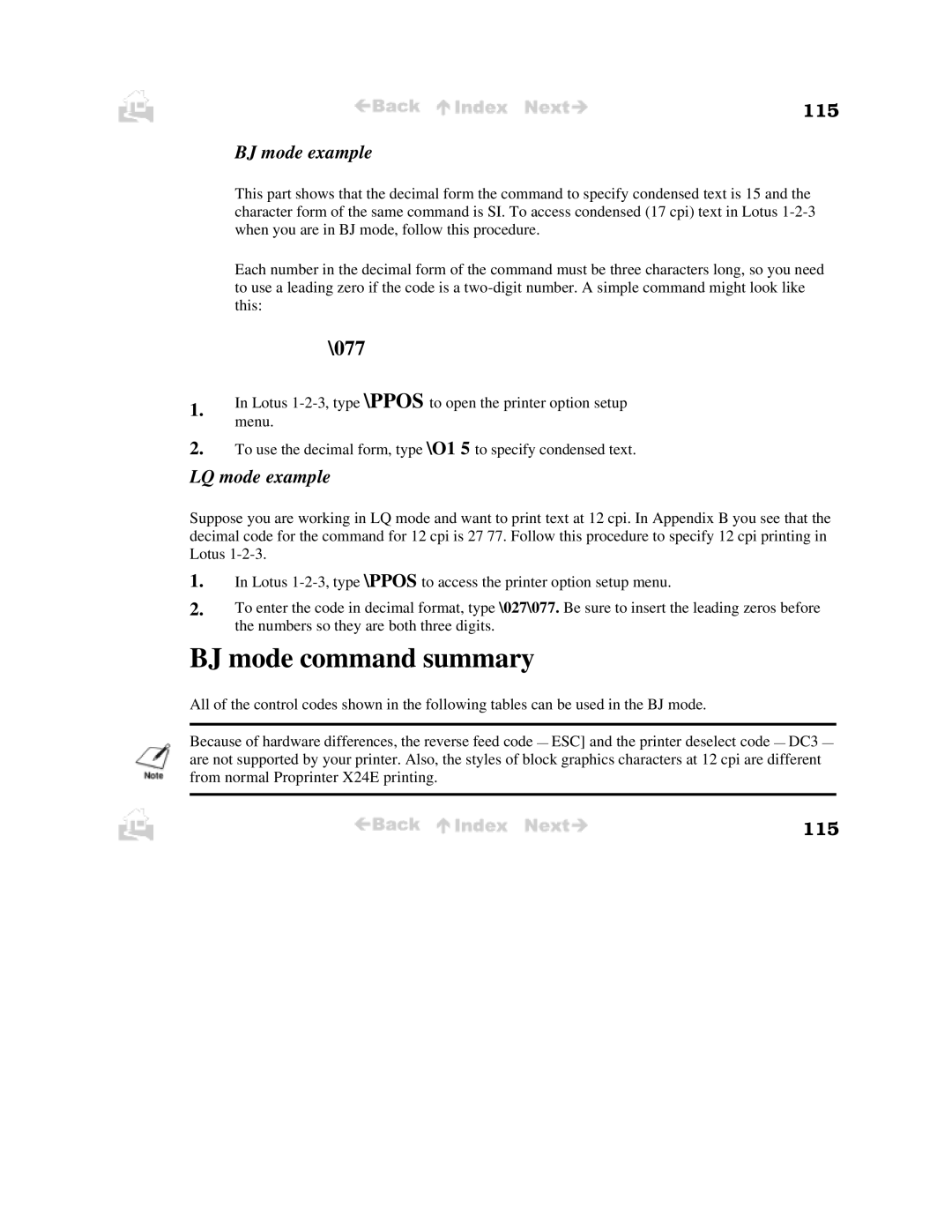 Canon BJC-50 user manual BJ mode command summary, 077, 115, BJ mode example, LQ mode example 