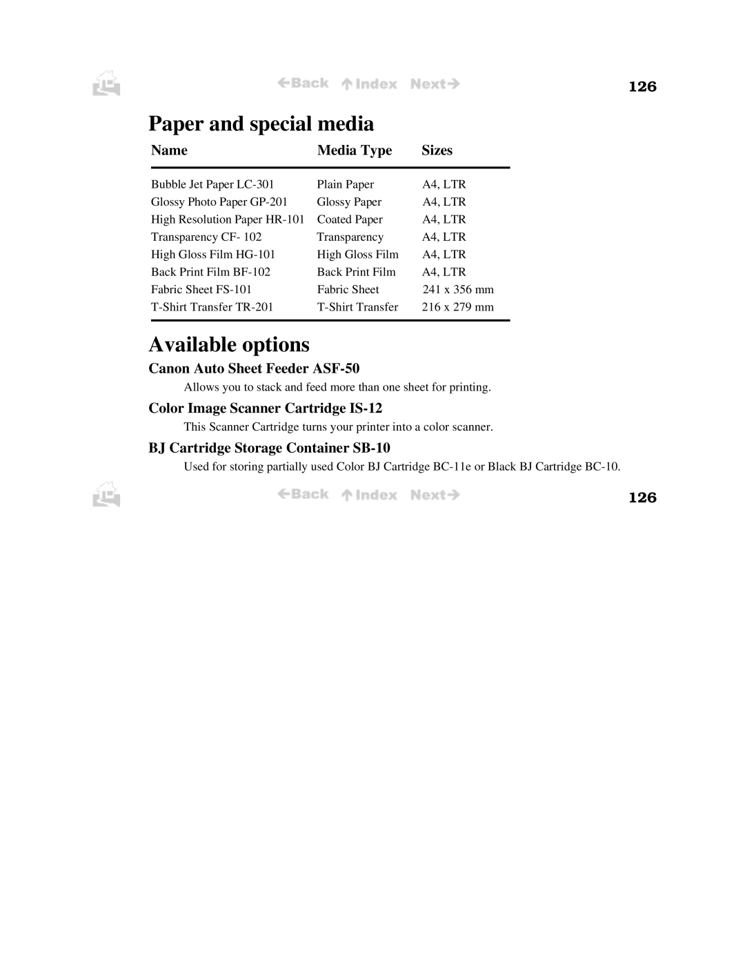 Canon BJC-50 user manual Paper and special media, Available options 