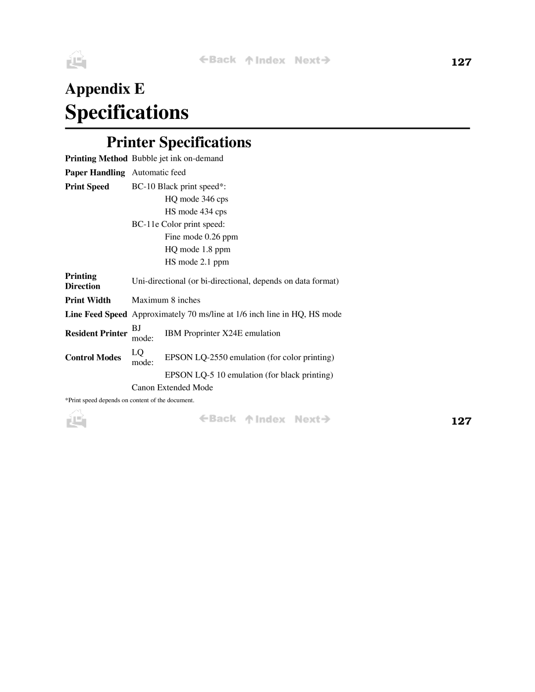 Canon BJC-50 user manual Appendix E, Printer Specifications, 127 