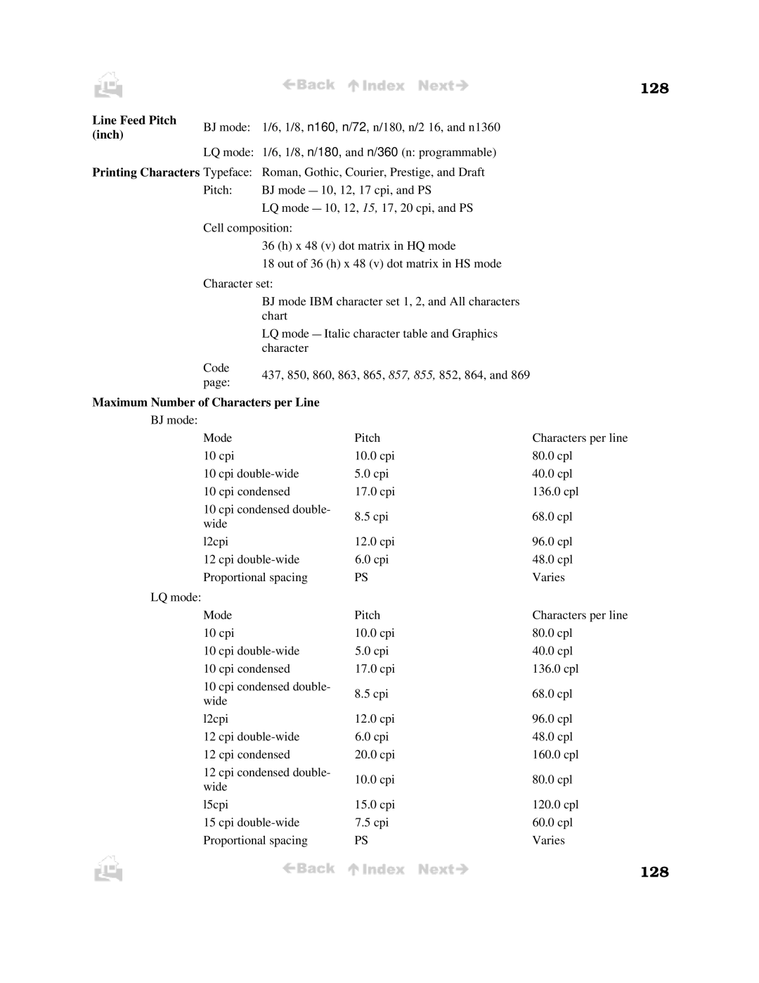 Canon BJC-50 user manual 128, Line Feed Pitch Inch 