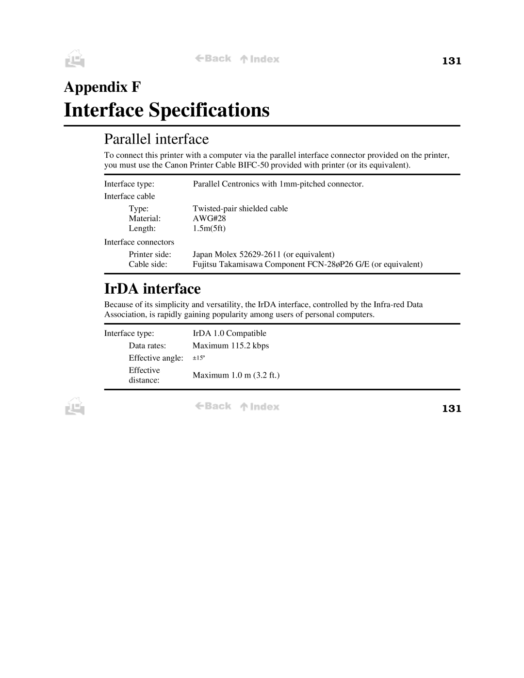 Canon BJC-50 user manual Appendix F, IrDA interface, 131 