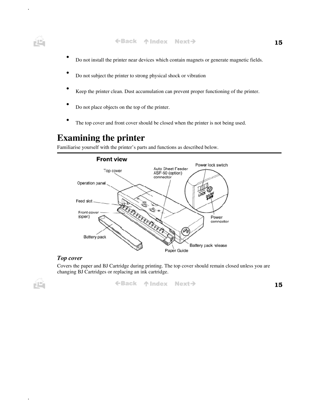 Canon BJC-50 user manual Examining the printer, Top cover 