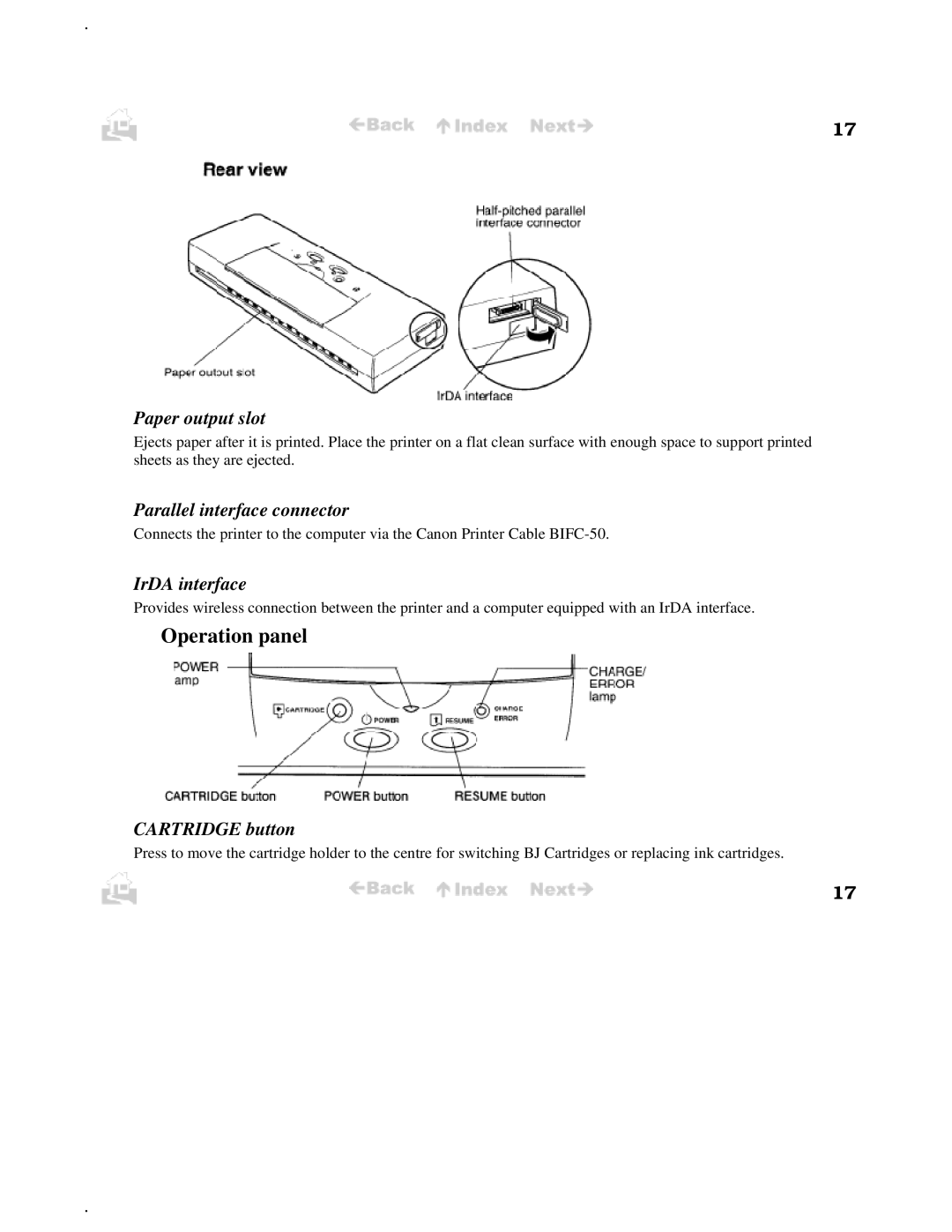 Canon BJC-50 user manual Operation panel, Paper output slot, Parallel interface connector, IrDA interface, Cartridge button 